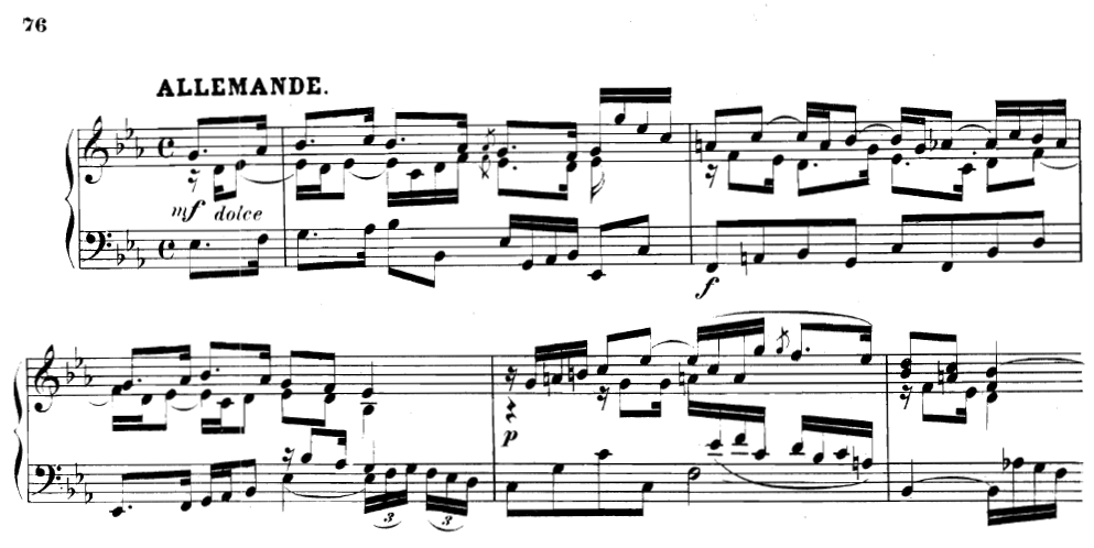 1. Opening of the Allemande from the Partita in E-flat major, Krebs-WV 827. This is an example of the kind of Victorian edition that is bespattered with inauthentic dynamic markings and instructions (the now-bitter addition of the word “dolce,” or sweet); it also has quite a few transcription errors. On other pages, there are passages that have wrong notes. Even though this page doesn't have that, it does have a number of mistakes, which you can see from looking at the image of my comparison version or the image of the early version manuscript. First of all, the editor, Ernst Pauer, doesn't follow the original title of “Allemanda,” but changes it to the more usual “Allemande.” It's nice to follow the title as written (my joint edition will have a footnote about that, as the later edition has “Allemande”). Moving on to the music, the appoggiaturas (the little grace notes) in the first full measure have a strikethough line, which makes them acciaccaturas, which are played differently, as a crushed note rather than a leaning one. The last note in the left hand in the same measure is missing its ornament. In the next measure, the left hand is written as two groups of four notes, when it should be four groups of two. This is called the beaming of notes, and how they are beamed can be a deliberate decision of the composer to give guidance on choice of phrasing, so it's better editorial practice to generally follow it or have a reason not to (e.g. the sharpness of the beam angles making it hard for composer to draw a common beam, or ornaments or other markings being in the way, etc). Two measures later, it's missing the ornament on the third note on the right hand and the appoggiatura is again written as an acciaccatura. And in the final, incomplete measure, the left hand's penultimate note is missing its ornament. But this Pauer edition, despite its faults was very helpful to create my own. For a start, it was the first printed edition of the piece I had seen and gave me the desire to transcribe it in the first place. Interestingly, Pauer also transcribed the Partita in B-flat, but not the A minor one – both appear in the same excellently selected anthology, Alte Meister. Pauer's edition of Krebs's B-flat Partita was similarly useful as a starting point for my forthcoming edition. MuseScore's import pdf function actually worked well for both (semi beginner's luck), which removed much of the donkey work out of note inputting. And it is much easier comparing against a modern score than a manuscript, for the initial checking of the notes. Pauer's versions also gave useful pointers about how to notate certain passages.