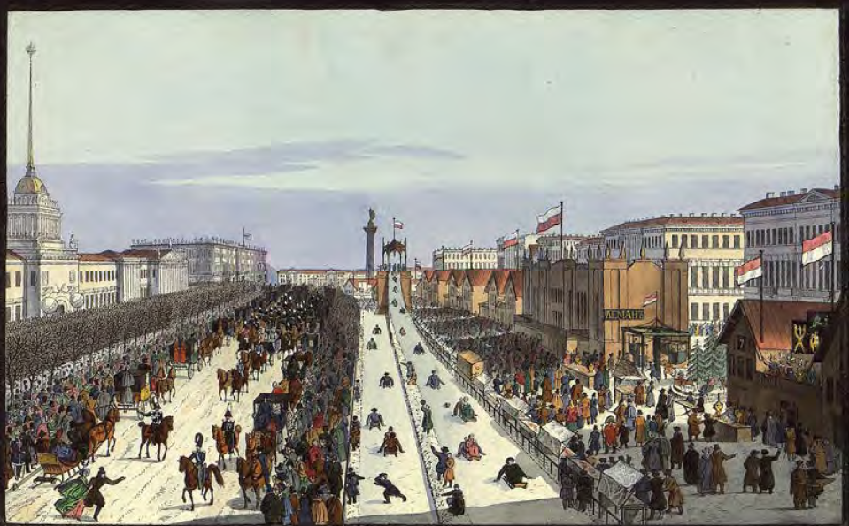 Beggrov, Karl Petrovich. 1799-1875. View of St. Petersburg in winter: Admiralteysky Prospekt to Palace Square, Bolshaya Katalnaya Gorka. Russia, St. Petersburg, 1836. Engraving by sketch, watercolor, white, varnish. State Hermitage Museum.