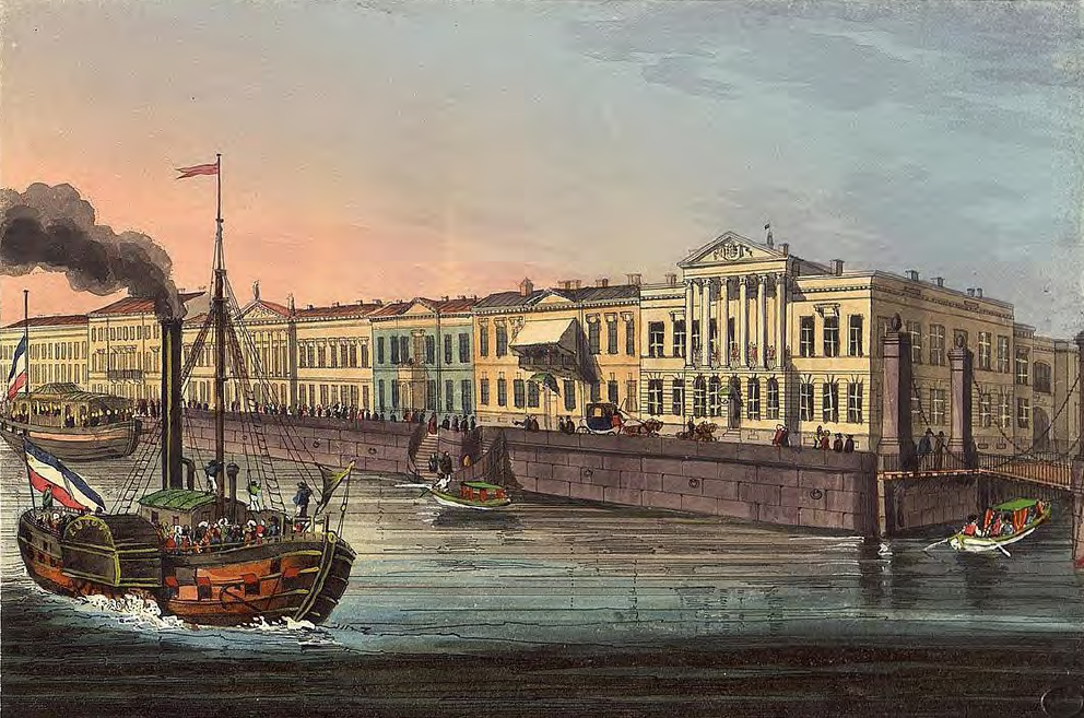 Beggrov, Karl Petrovich. 1799-1875. View of the Promenade des Anglais at the First Kryukov bridge. Russia. St. Petersburg, 1830-1840s Watercolor painted lithograph. State Hermitage Museum.