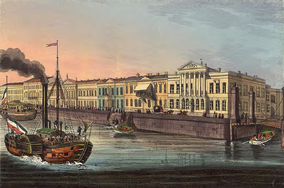 Беггров, Карл Петрович. 1799-1875. Вид Английской набережной у Первого Крюкова моста. Россия. Санкт-Петербург, 1830-1840-е гг. Литография, раскрашенная акварелью. Государственный Эрмитаж.