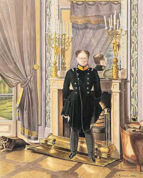 Lev Ivanovich Kiel. Portrait of Grand Duke Konstantin Pavlovich by the fireplace in a palace in Warsaw, 1829-1830. Watercolor and varnish on paper. State Russian Museum. St. Petersburg.