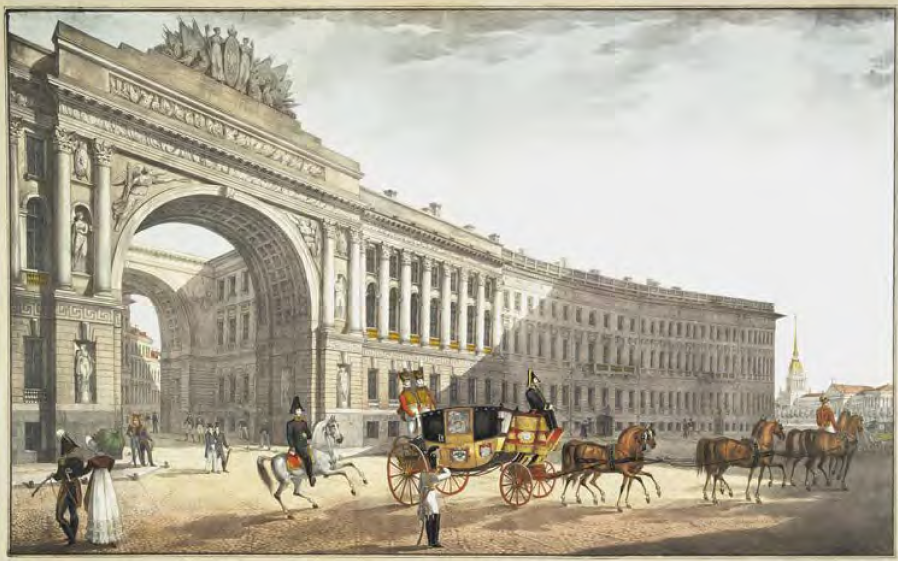 Беггров, Карл Петрович. 1799-1875. Вид на арку Главного штаба со стороны Дворцовой площади. Россия, 1822 г. Автор чертежа: Росси, Карло. 1775-1849.  Бумага, литография, акварель. Государственный Эрмитаж.