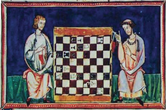 Гравюра из манускрипта, составленного в 1283 году при короле Альфонсо X, известного как «Книга игр». На гравюре изображена шахматная задача. Игроки, вероятнее всего, являются тамплиерами.