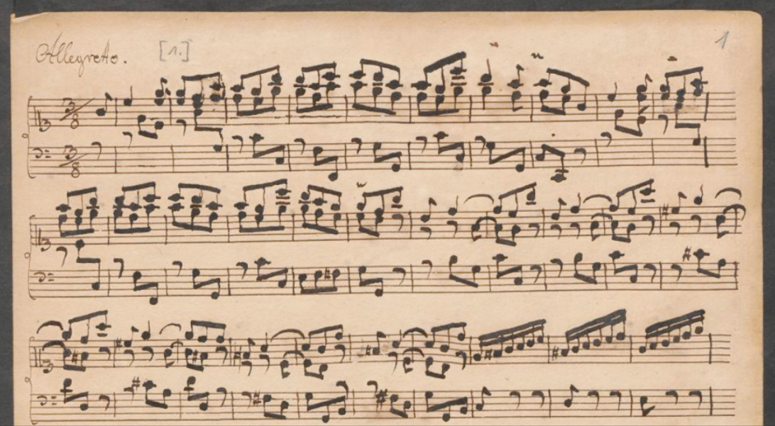 Detail of the opening page of Krebs's Six Keyboard Sonatas, Krebs-WV 832–837, written by the composer in the soprano clef. Even though this is the first page, it's actually the start of the third movement of the first sonata. This is because the manuscript is a convolute – basically, a combination of other individual manuscripts, so the running order for each sonata goes 3rd movement, 1st movement, 2nd movement. As I transcribed it in the manuscript order, I then had to paste all the music into another document, which lost all the little tweaks like upbeat bars (the fractional bit at the start of the piece). A hard lesson to learn.