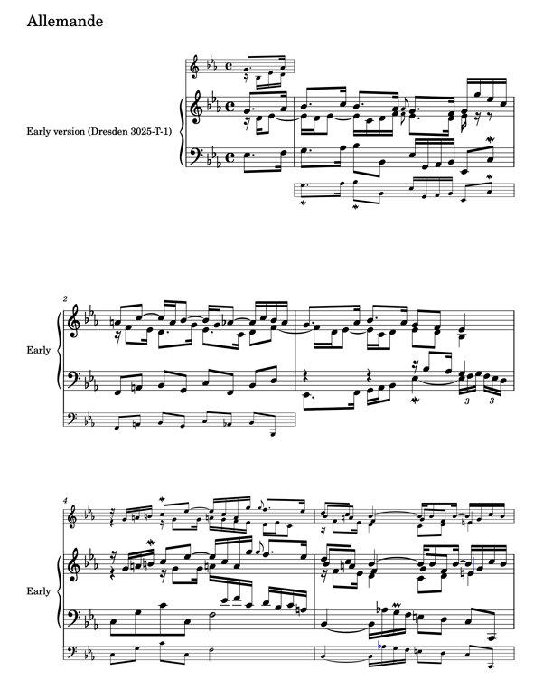 4. My comparison version – very much a work in progress. The early version runs along the two staves in the middle, and whenever a measure is different in the later version, it appears either above or below depending on which hand it applies to. There are probably multiple egregious errors nestling in there. But at least they're different ones than from before, which moves the state of knowledge on a faltering step…