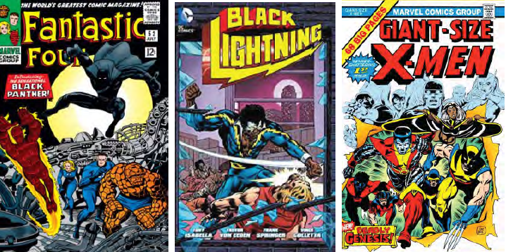 Left to right: Black Panther’s first appearance in the Fantastic Four comic book (1966). The early 70s appearance of Luke Cage, AKA Power Man, and the 1977 launch of Black Lightning, DC Comics’ first series headlined by a Black superhero, impacted David deeply, as did the concurrent release of a series devoted entirely to Black Panther. David and his friends also loved the X-Men series, with its Black woman superhero Storm and its tales of mutants working to aid the human race.